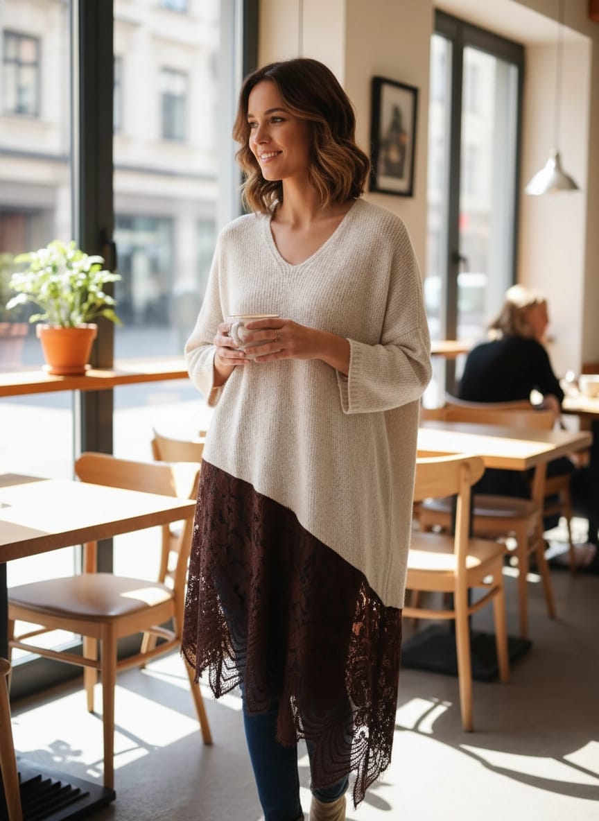 Vestido holgado color beige con puntilla asimétrica marrón