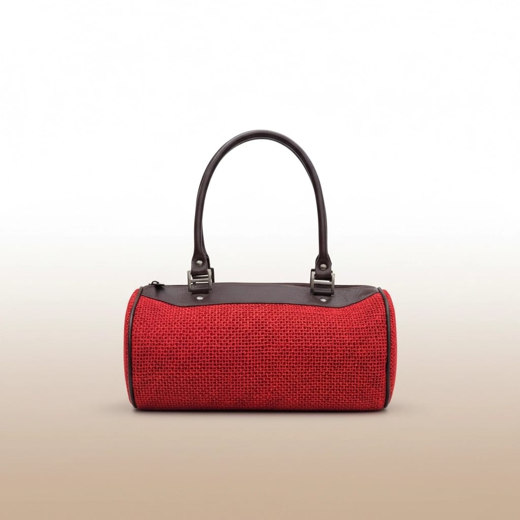 Bolso artesanal de mano de cuero y rafia en tono rojo