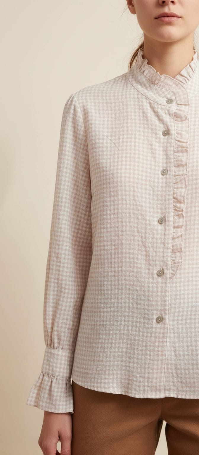 Blusa de Cuadros Vichy Beige con Detalles