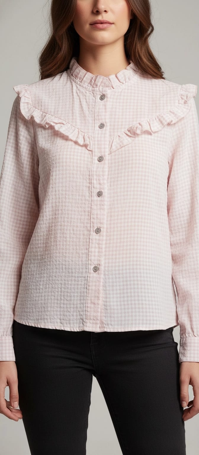 Blusa de Cuadros Vichy Rosa con Volantes