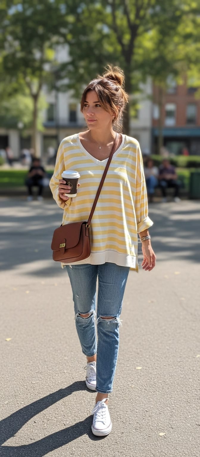 Sudadera de Algodón de Rayas con Cuello Pico