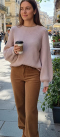 Jersey Tostado de Punto con Manga Abullonada