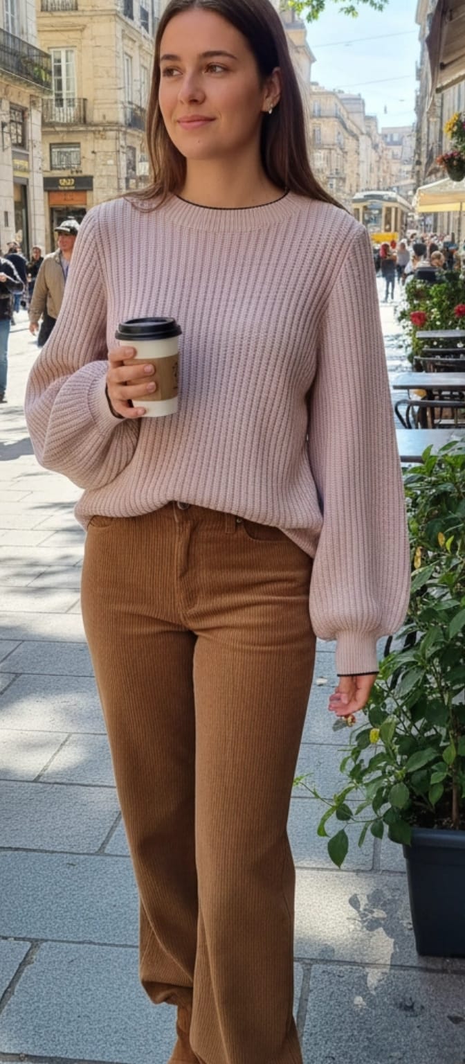 Jersey Tostado de Punto con Manga Abullonada