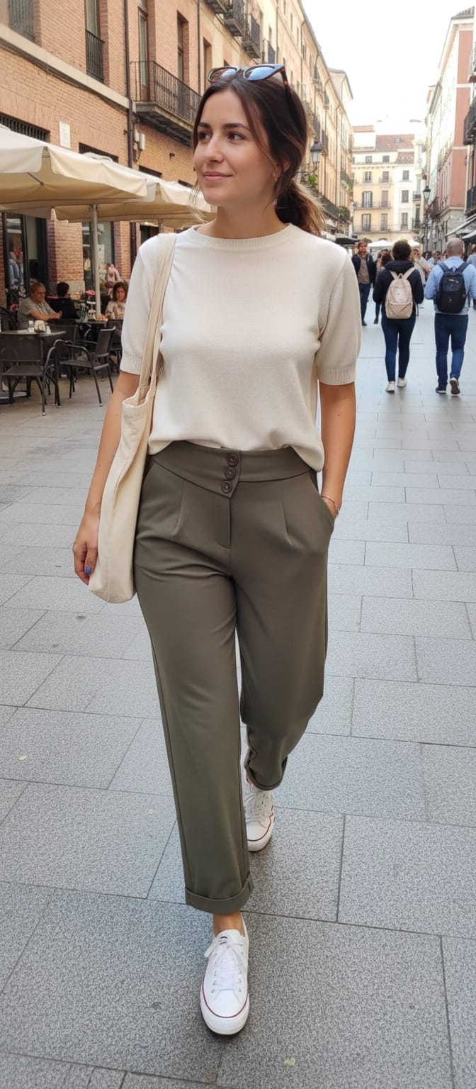 Pantalón Cropped Neopreno con Cintura Elástica Verde Kaki